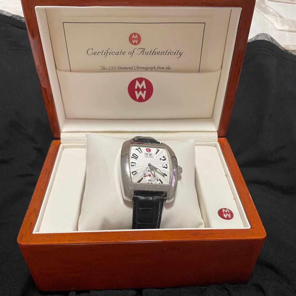 Michele watch with black leather strap